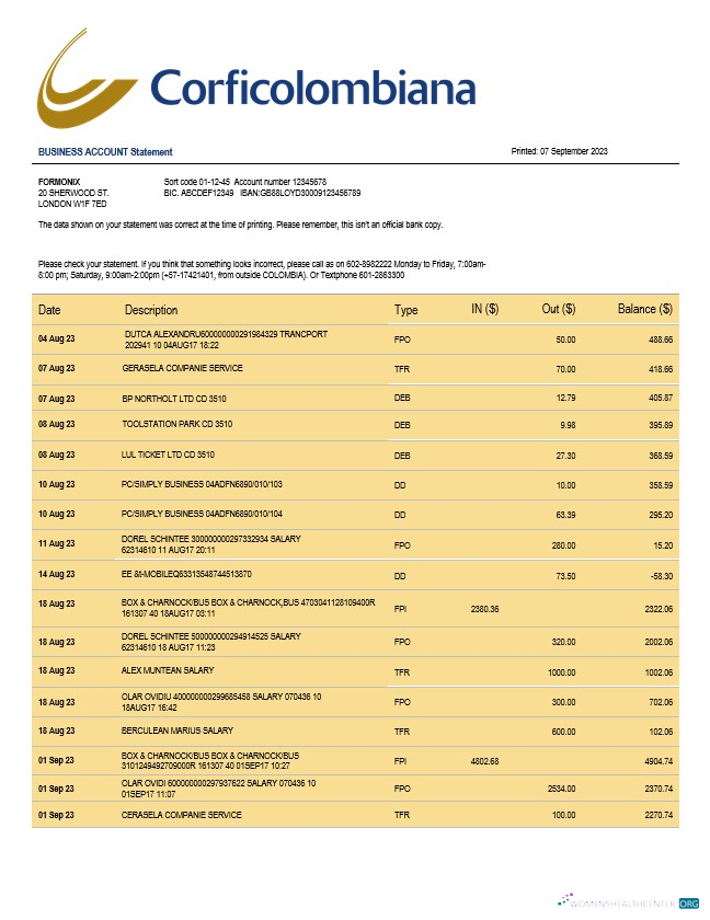 Corficolombiana Bank business checking account statement Word and PDF template